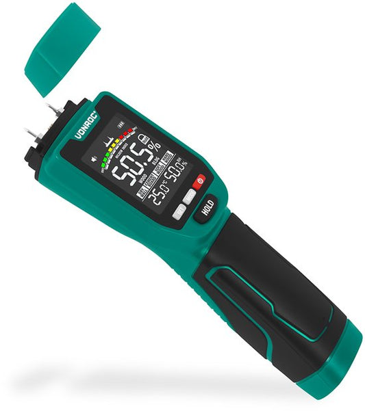 VONROC PRO Humidimètre - Double fonction de mesure : invasive (avec pointes) et non invasive (avec capteur) - convient pour le bois et les matériaux de construction - écran LCD multicolore