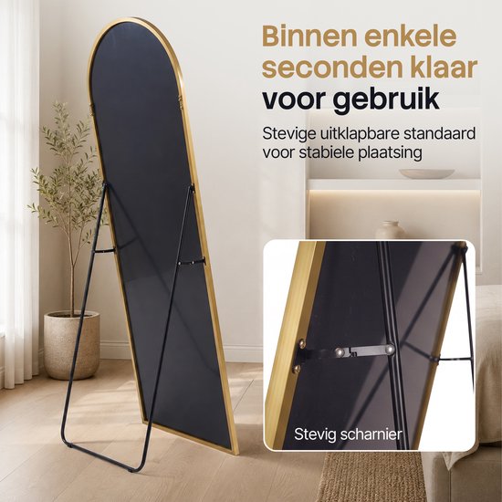 Miroir Infinity Goods - 160 x 60 cm - Miroir mural design - Miroir sur pied avec cadre métallique - À suspendre - Miroir de dressing - Forme arrondie - Moderne - Doré