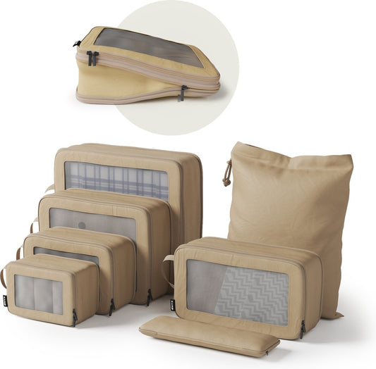 ONYX® Cubes de compression - 7 pièces - Organiseurs de bagages avec zip de compression - Pour valises et sacs - Beige