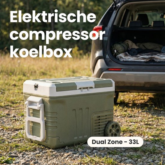 Auronic Electric Cool Box - Compresseur - 2 Zones - 33L - 12/24V et 240V - Réfrigération et congélation - Réfrigérateur de camping - Frigobox Auto - Avec roues et poignée - Vert