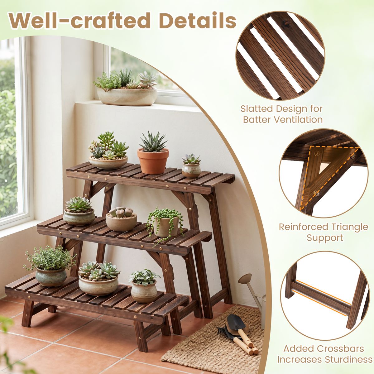 Ensemble de 3 supports pour plantes Coast - 3 niveaux - bois de pin carbonisé - marron