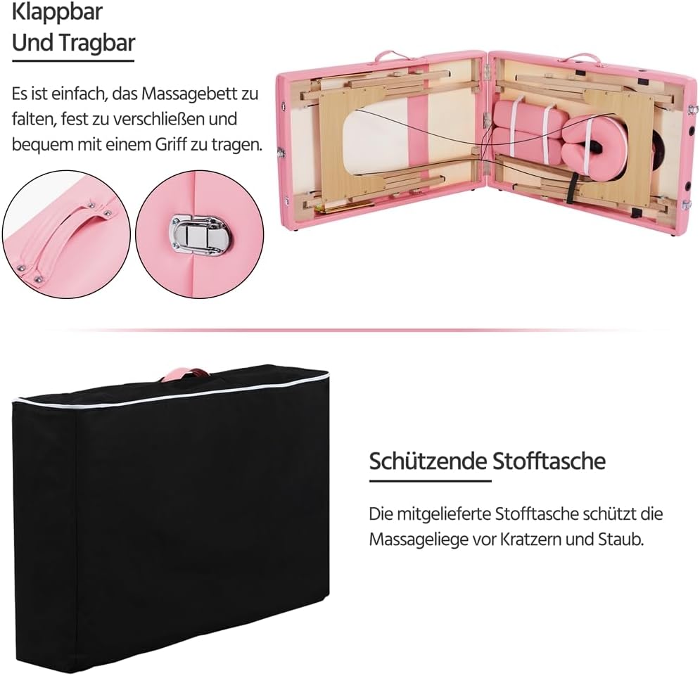 Table de massage Yaheetech à 3 zones - Pliable - 213 × 80 cm - Rose clair