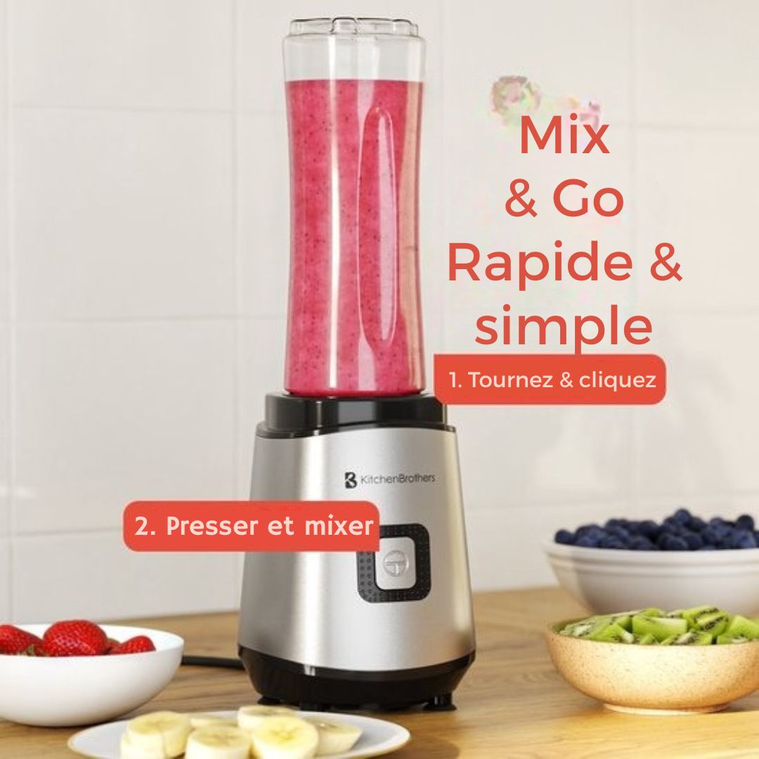 Mini Blender To-Go KitchenBrothers - Smoothies - 2 Bouteilles à emporter de 600 ml - acier inoxydable