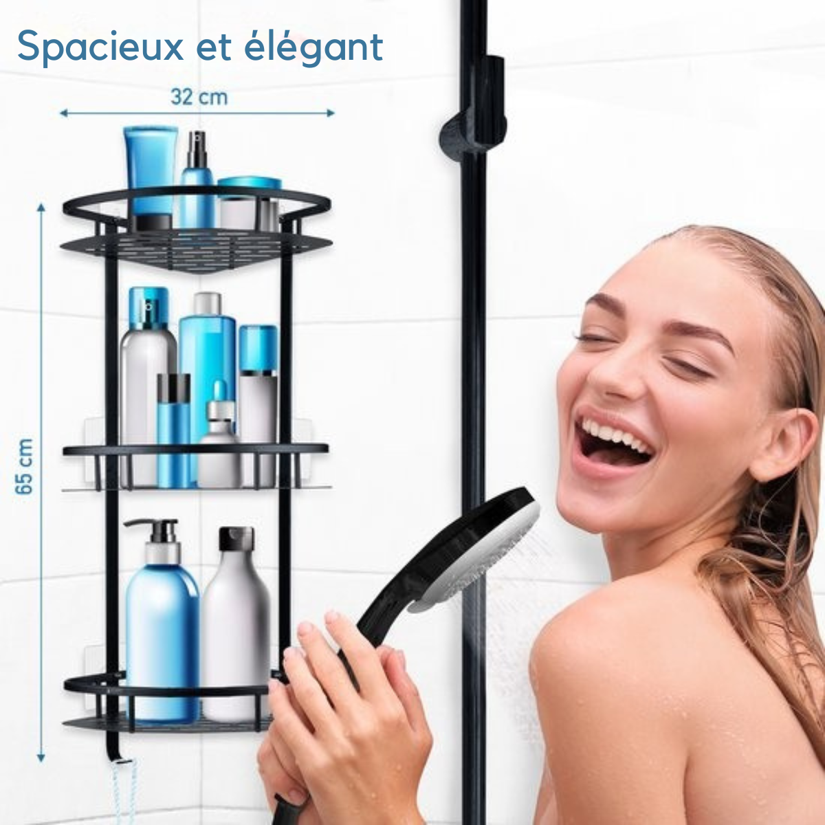 Porte-douche Happy Goods - Porte-douche 3 couches sans perçage - acier inoxydable - auto-adhésif - Porte-douche suspendu - Porte-bain - Porte-bain - Porte-bain - Porte-douche - Noir
