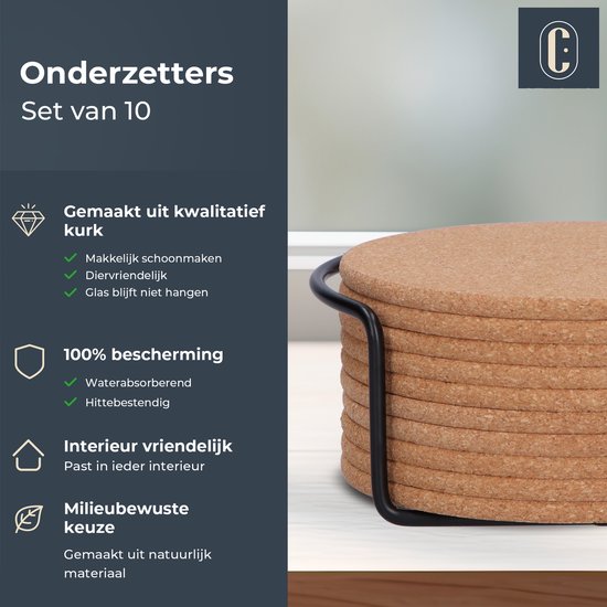Sous-verres Castagnola - Sous-verres en liège pour verres - Sous-verres avec support - Sous-verres - Absorbants et résistants à la chaleur - 10 pièces