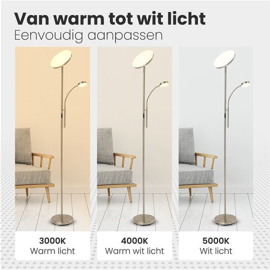 Auronic Floor Lamp - Lampadaire industriel - 181cm - LED - Dimmable et inclinable - avec télécommande - Adapté au salon - Silver