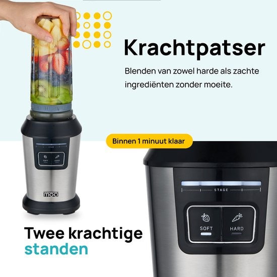 MOA Blender - Blender to Go - Mini Blender - 2 gobelets en Tritan de 600ml - Smoothie Maker - 800W - Silver - MB10S
