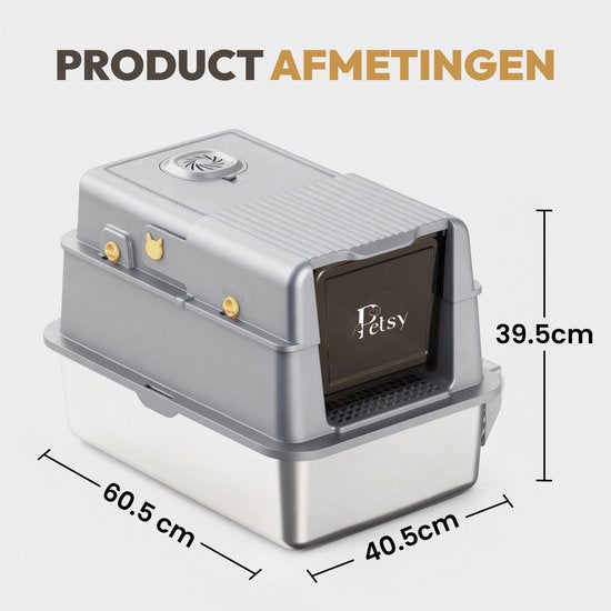 Petsy® - Bac à litière haut de gamme en acier inoxydable Pro - XXL - Avec neutralisateur d'odeurs - Avec pelle à litière, bac de récupération de litière et tapis anti-salissures - Pour grands et petits chats - Grande capacité de 37 L -