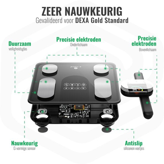 e.volve X11 Pèse-personne numérique - Pèse-personne intelligent avec 32 analyses corporelles - Rechargeable via USB - Application et poignée incluses