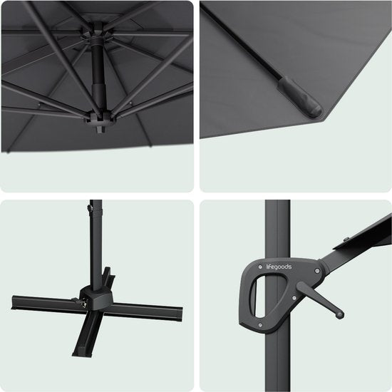 LifeGoods Parasol flottant - 6 pieds - Rotation 360° - Rond Ø300 cm - Housse de protection incluse - Anthracite