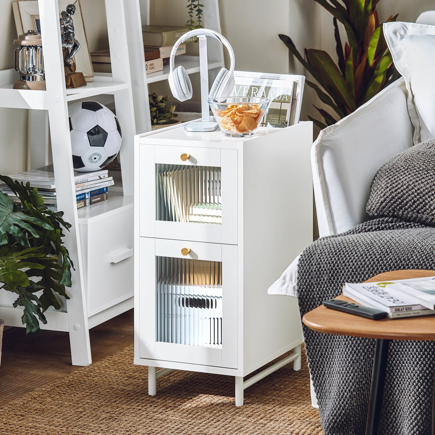 SoBuy Table de chevet - avec 2 tiroirs en verre et rangement - 30 x 45 x 65 cm - blanc