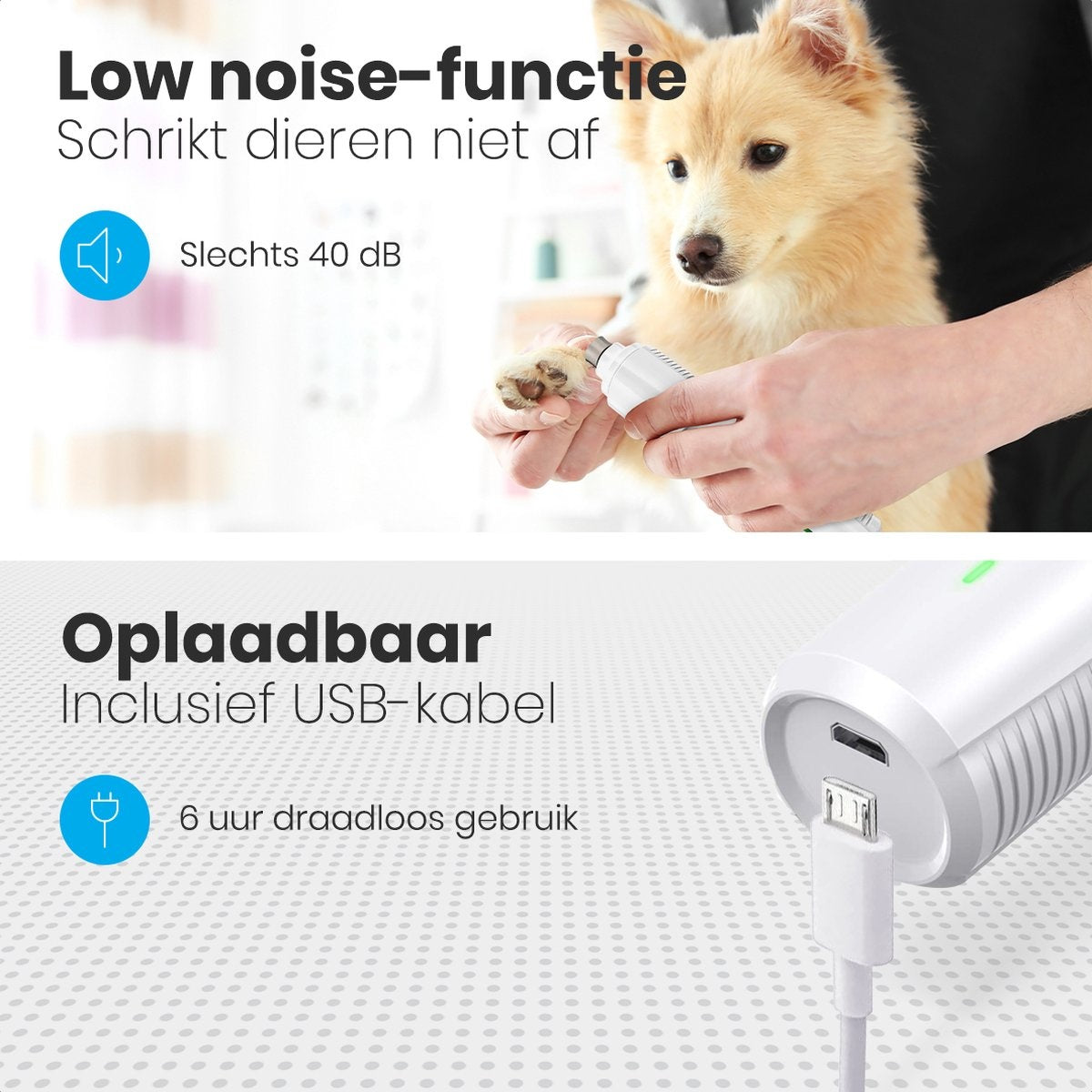 Auronic lime à ongles électrique - pour animaux - rechargeable - sans fil - tête de lime en diamant - chiens/chats - blanc