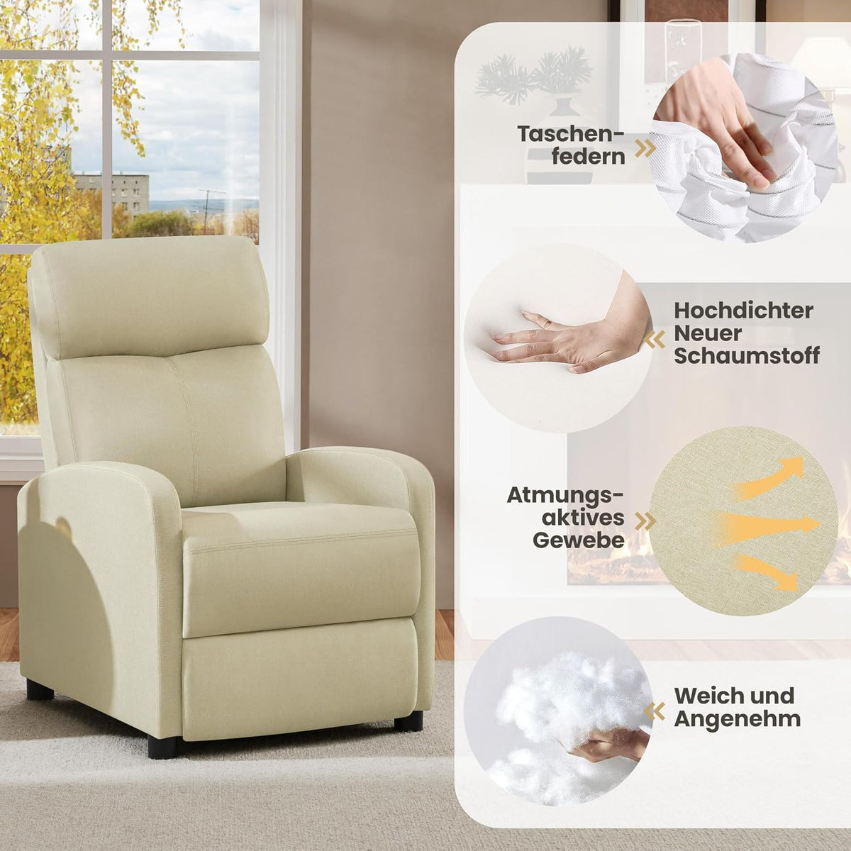Fauteuil de détente Yaheetech pour regarder la télévision - 87 x 61,5 x 99 cm - Repose-pieds réglable - Beige