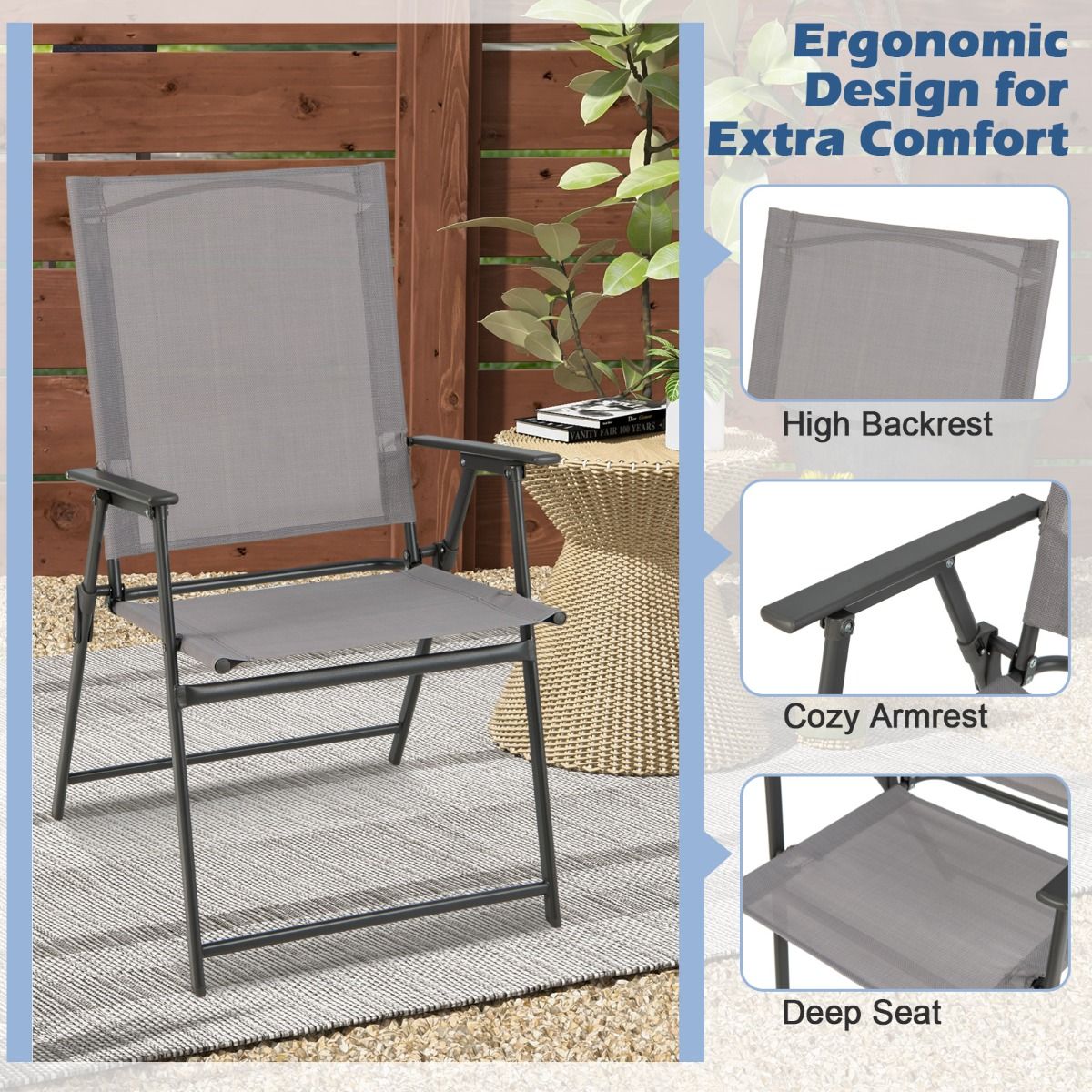 Lot de 4 chaises de jardin pliantes Coast - dossier haut - ergonomiques - grises