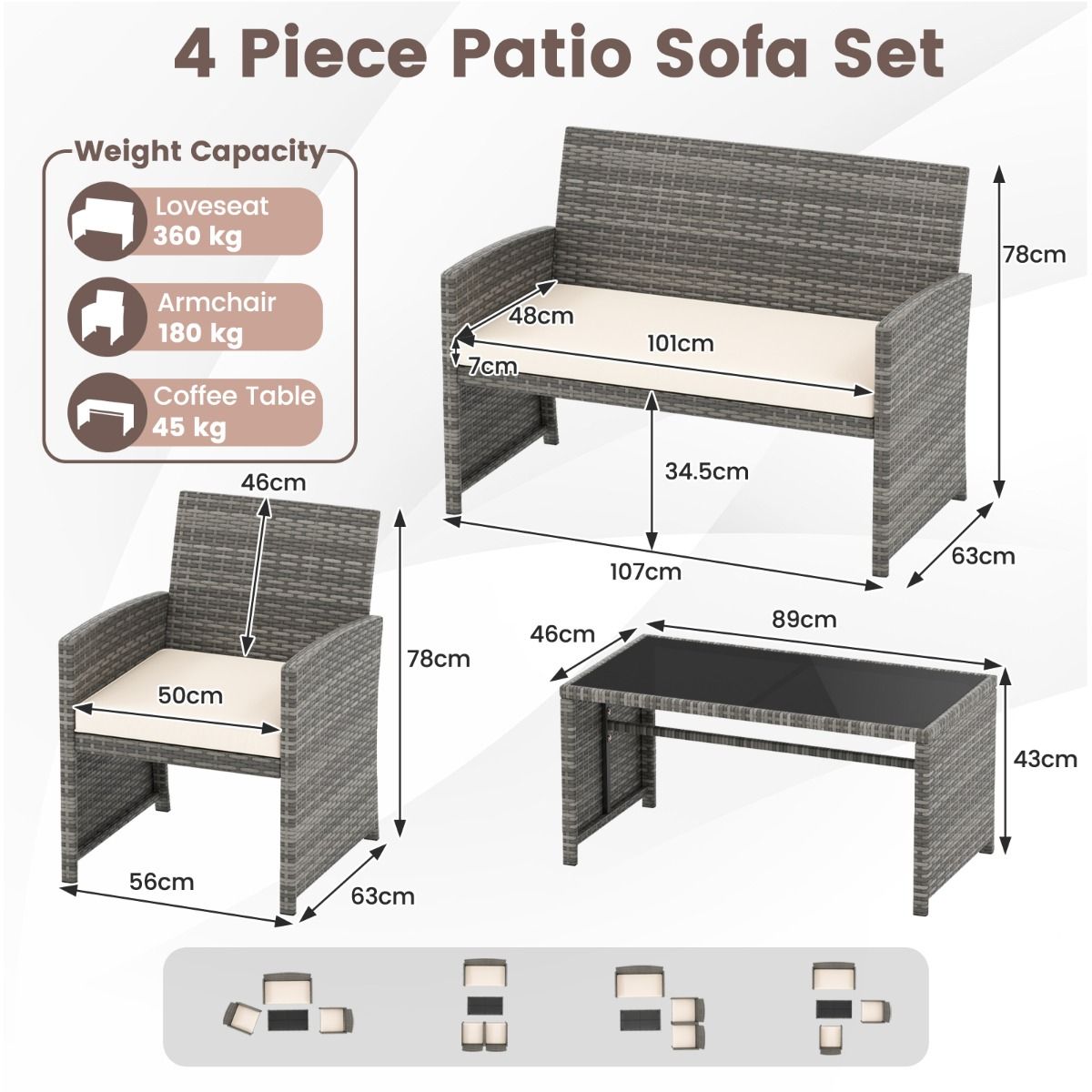 Ensemble de mobilier de jardin Coast 4 pièces - ensemble de salon en rotin avec coussins blancs - table avec verre de sécurité - gris