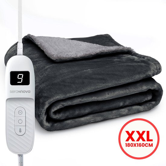 Seranova Couverture électrique XXL - 180x160 cm - Couverture 2 personnes - Couverture chauffante - Double face - Polaire Sherpa - Gris anthracite
