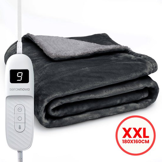 Seranova Couverture électrique XXL - 180x160 cm - Couverture 2 personnes - Couverture chauffante - Double face - Polaire Sherpa - Gris anthracite