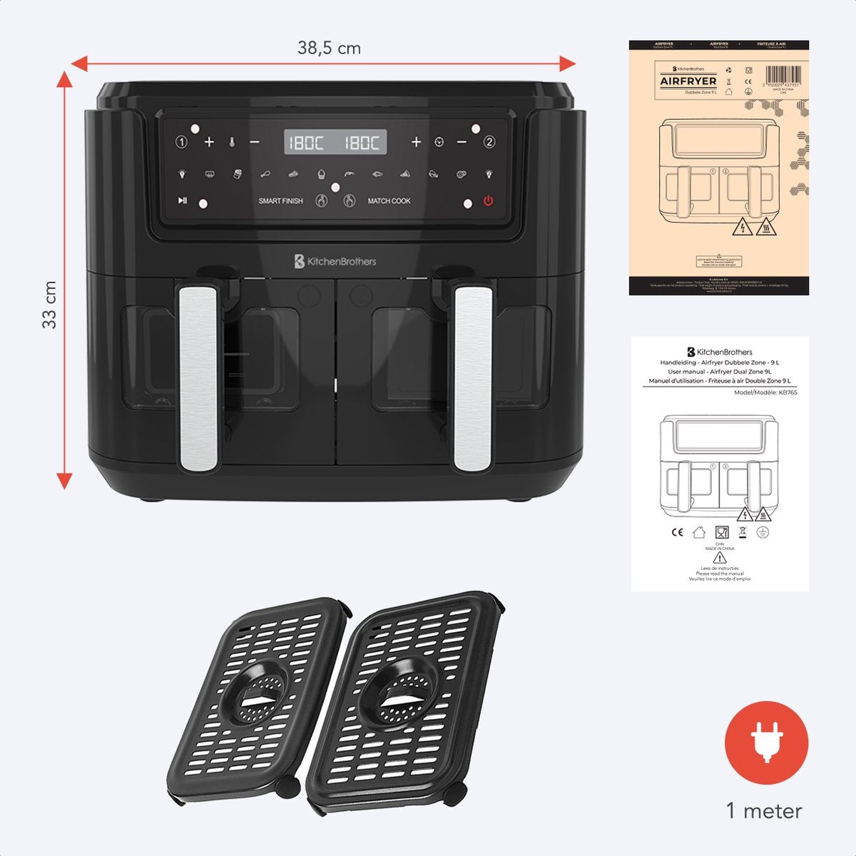 Double Airfryer XXL - KitchenBrothers - Friteuse - 2 x 4,5L - 2400W - Noir