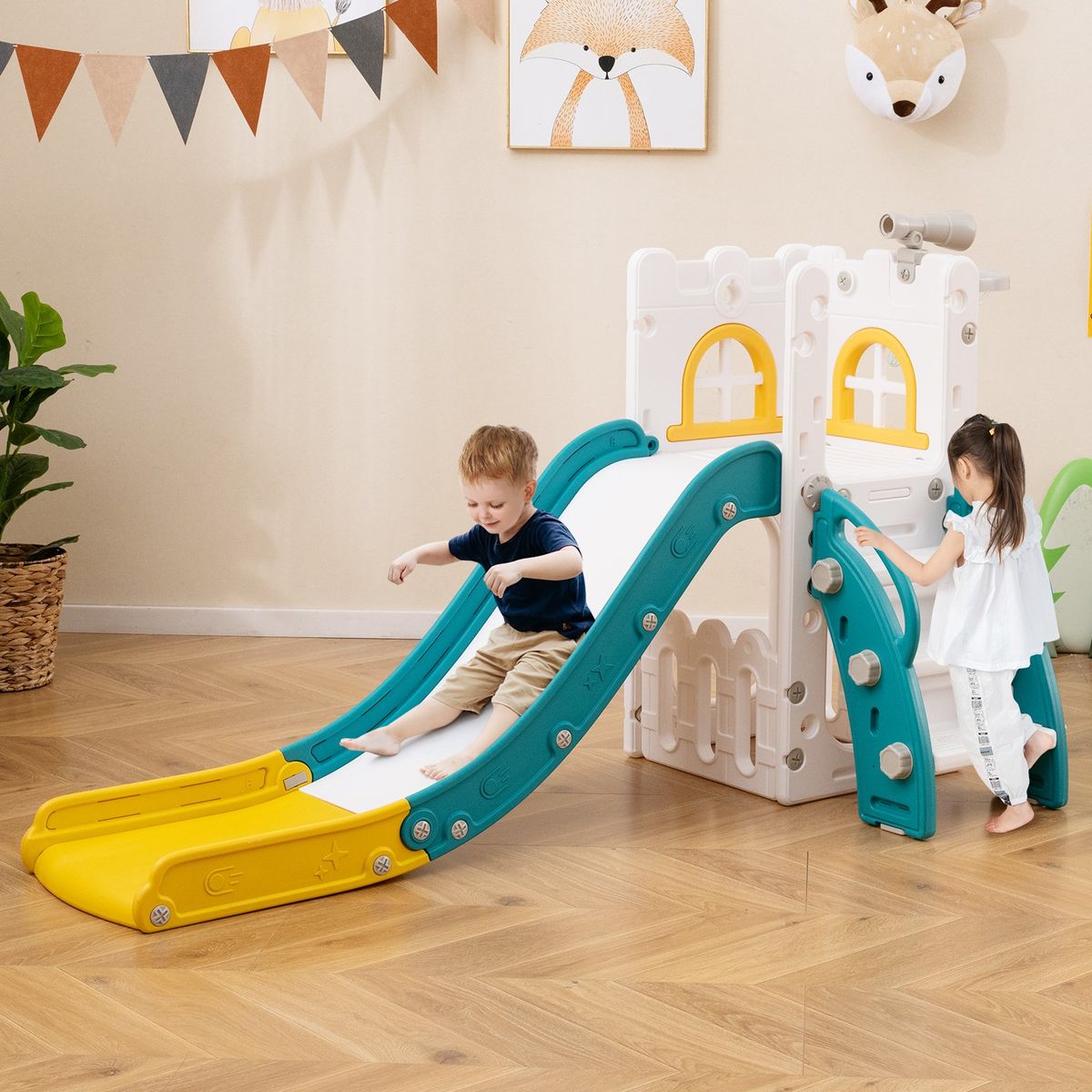 Toboggan pour enfants Coast 6-en-1 - avec panier de basket et télescope - en forme de L - vert