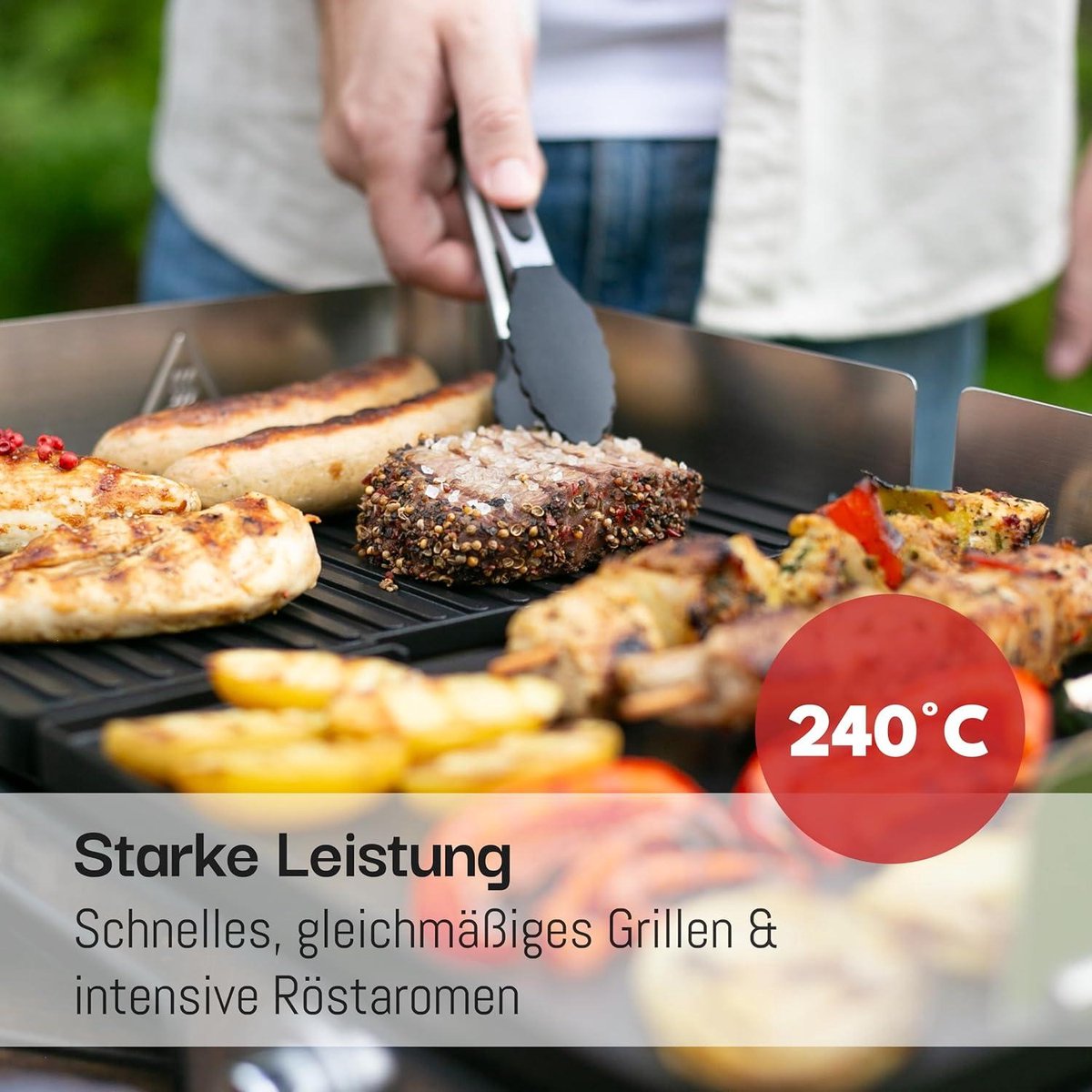LEBENLANG Electric Table Grill 2400W - Gris - 2x plaques de cuisson (striées et lisses) - 55 x 30 cm - Pince à griller et protection anti-éclaboussures incluses - Pour l'intérieur et l'extérieur