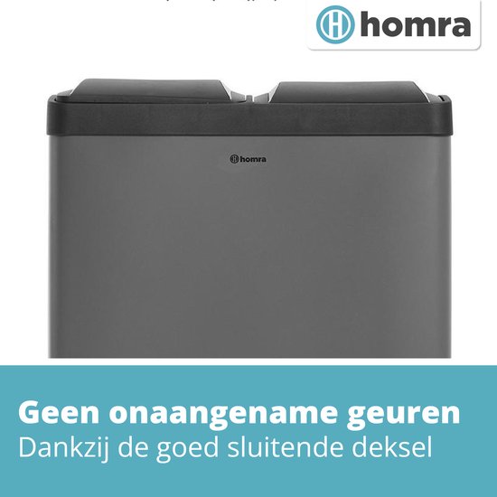 Homra NEVIQ Poubelle à tri sélectif AVEC 2 compartiments - Capacité 2 x 30 L - Poubelle à pédale duo - Gris