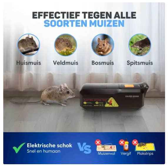 Vulpes Goods® - Mini piège à souris électrique - 18,8 x 8 x 6 cm - équipé d'une tension de choc de 1800 V et d'une double alimentation, d'un indicateur LED et d'un buzzer - pour l'intérieur et la cuisine - plastique ABS noir