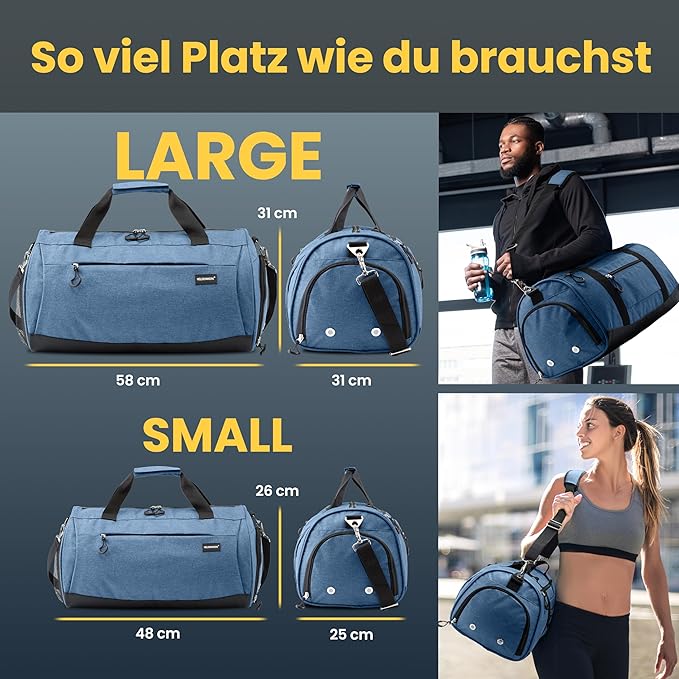 Herowerk Sac de sport avec compartiment à chaussures et compartiment humide, sac d'entraînement pour femmes et hommes, idéal comme sac de voyage, sac de fitness, sac d'entraînement ou sac de sport, bleu foncé, Sac de sport avec bandoulière