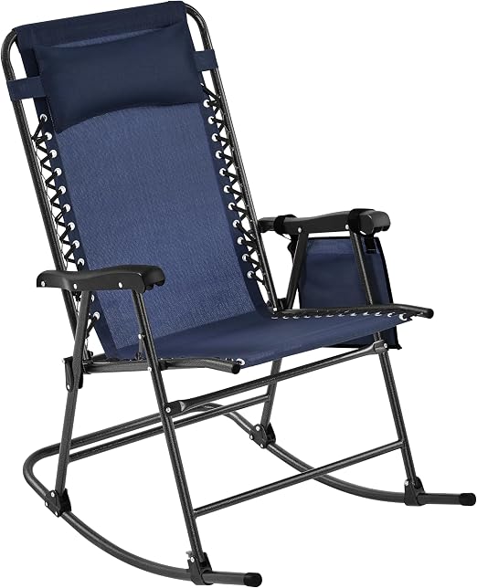 Fauteuil à bascule pliable d'extérieur Yaheetech - Bleu foncé - Fauteuil de détente avec oreiller et porte-gobelet