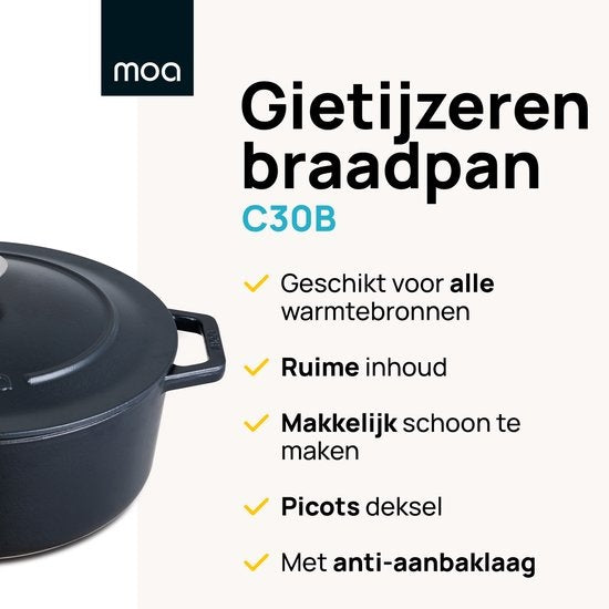 Casserole en fonte - MOA - 7,2 L - 30cm - Ronde - Toutes sources de chaleur - Egalement pour induction - Poids 7,3 kg - Noire