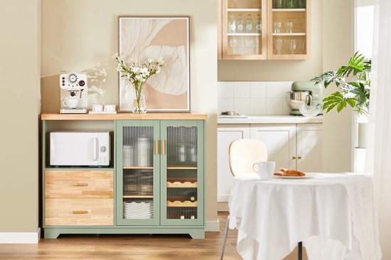 SoBuy FSB81-GR Meuble de cuisine - Meuble buffet vert avec tiroirs et portes en verre