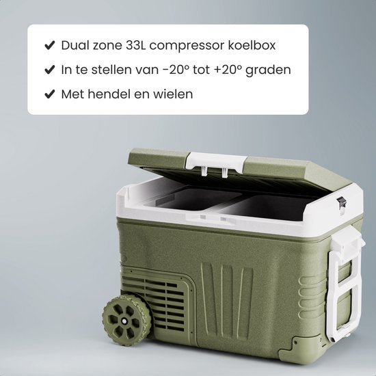 Auronic Electric Cool Box - Compresseur - 2 Zones - 33L - 12/24V et 240V - Réfrigération et congélation - Réfrigérateur de camping - Frigobox Auto - Avec roues et poignée - Vert