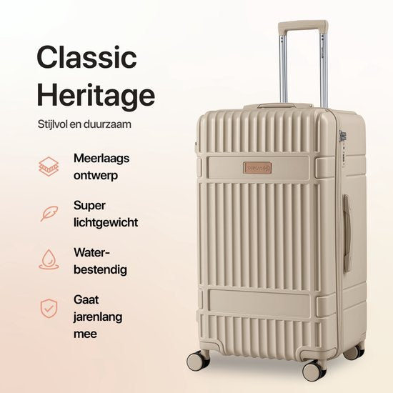 Valise SKYCASES Trunk – Classic Heritage – Valise extra-large – 110 L – Serrure TSA – Valise à roulettes légère – 78 x 44 x 36 cm – Valise à roulettes Trunk – Roulettes Spinner – Beige