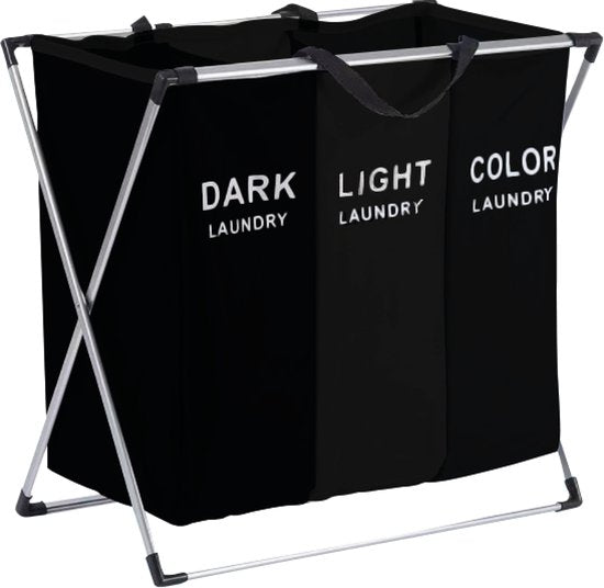 BRASQ Panier à linge pliable 3 compartiments - Trieur de linge 65x39x60 cm - Boîte à linge noire - 118 litres - Panier