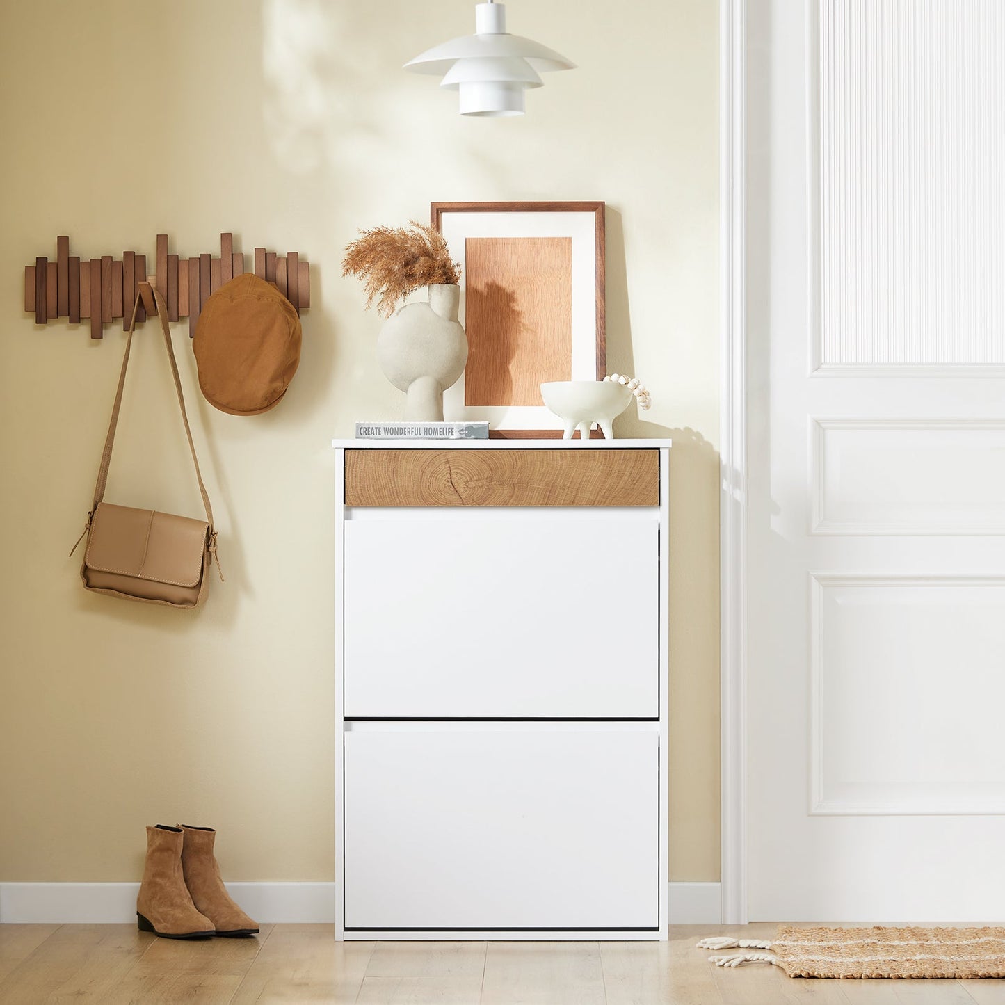 SoBuy FSR205-WN Armoire à chaussures entrée bois blanc 61 x 26 x 91 cm - compacte avec tiroir et portes basculantes - design scandinave