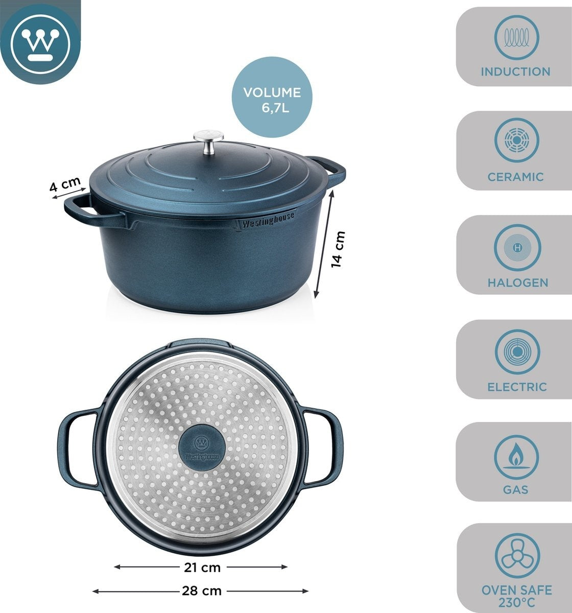Casserole Westinghouse Performance Series - Plaque de cuisson - Adaptée au four - 28 cm - Bleu