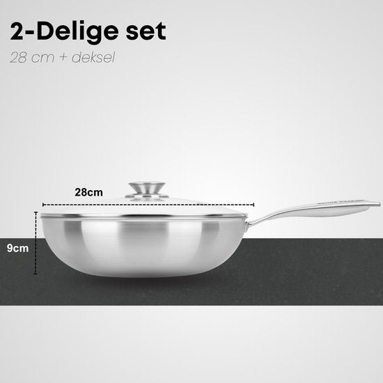 Savoré Kitchen Wok pan stainless steel 28 cm with Lid - Induction Suitable - Wok pans - 3-Ply - Professional Heat Distribution