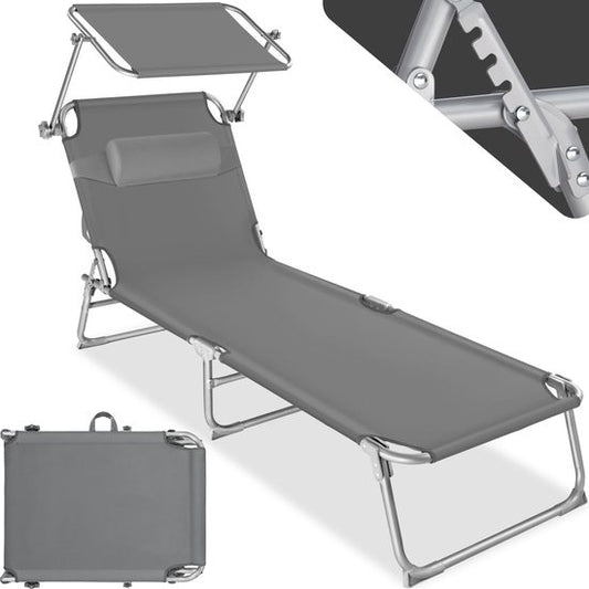 tectake® - chaise longue, robuste, réglable, base en acier avec parasol, dossier à 4 positions avec coussin, chaise de plage Idéal pour le jardin, la piscine, le camping - gris