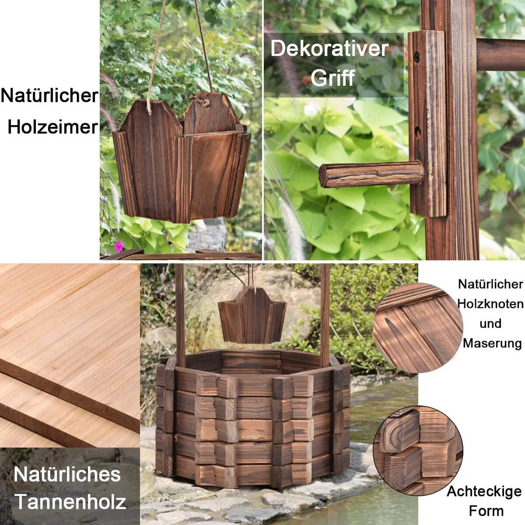 Fontaine de jardin Coast avec puits en bois, seau et pot de fleurs avec toit - Design rustique - 43 x 39 x 72 cm - Marron