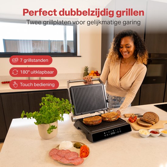 AoraKitchen Contact Grill - 180º Fold-out - Appareil à griller avec plaques amovibles - 7 supports - Fer à sandwich et à panini - 2000W