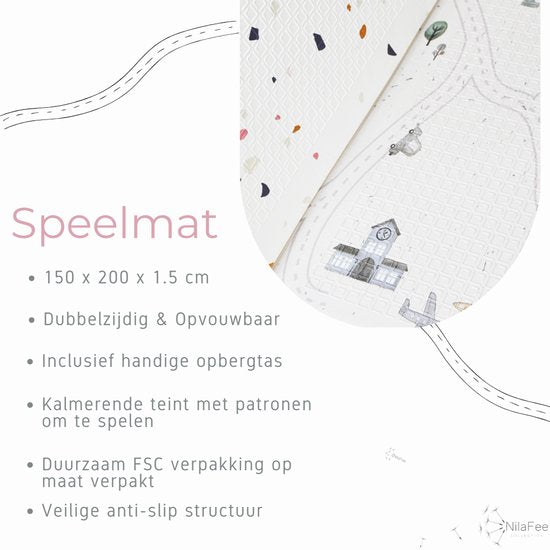 NilaFee® - Tapis de jeu pour bébé - Tapis de jeu - Antidérapant - Pliable - Sac de rangement - 150 x 190 x 1 cm - XPE - Hydrofuge - Voiture - Train - Terrazo White