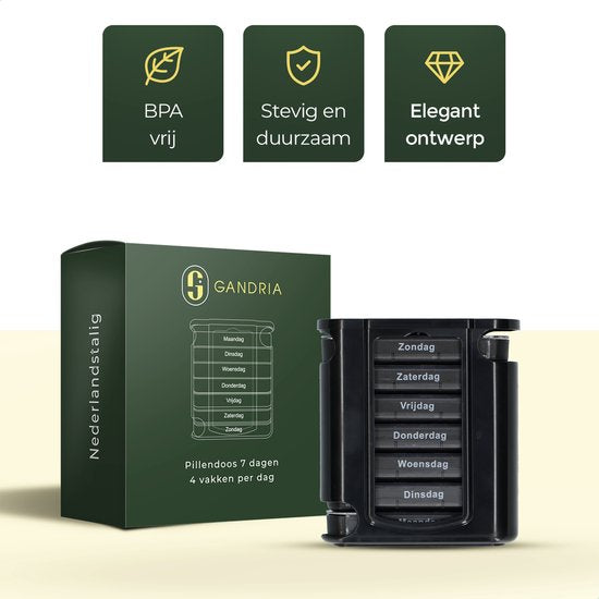 Boîte à pilules Gandria 7 jours - Boîte à pilules amovible - Boîte à médicaments empilable avec 28 compartiments - Boîte à médicaments avec fermeture solide - 4 compartiments par jour - Noir