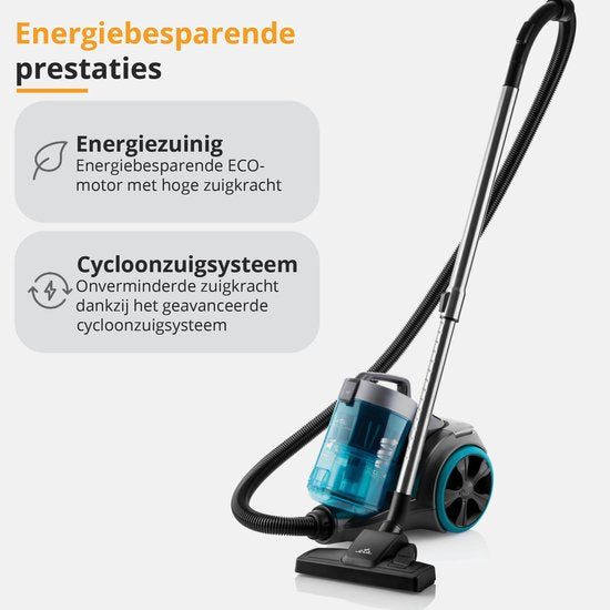 Aspirateur sans sac ETA Stellar avec moteur ECO et accessoires - 1,5 litre - portée 10 mètres - double filtre HEPA 10 et 12 - noir/bleu