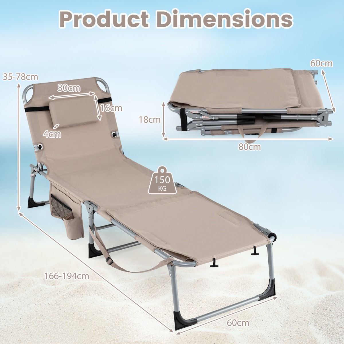 Chaise longue pliable Coast - dossier et repose-pieds réglables - avec ouverture au niveau du visage et poches latérales - beige
