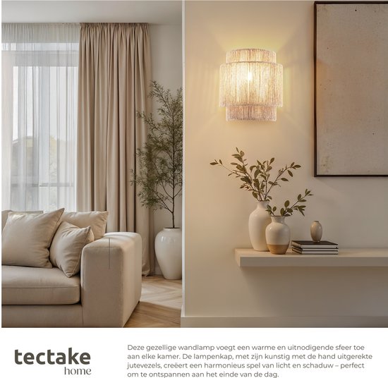 tectake® Lampe murale Lignea Lux - 40W - 12 x 23 x 25,5 cm - E14 - Lampe murale pour le salon, la chambre à coucher, la salle à manger - Lampe en toile de jute de style boho - Eclairage d'escalier - Semi-circulaire
