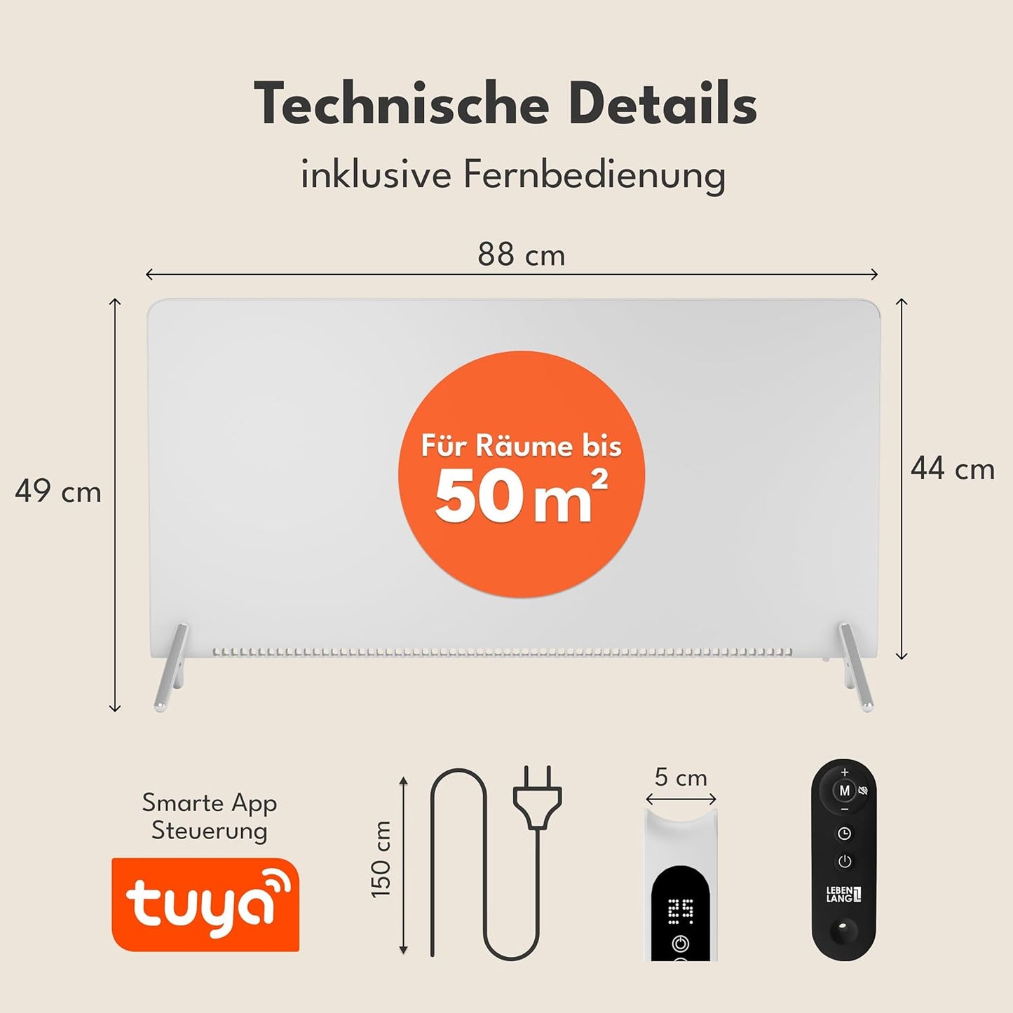 LEBENLANG Chauffage électrique - 2000W - Wifi et App Control - Télécommande - 88 x 5 x 49 cm - Blanc