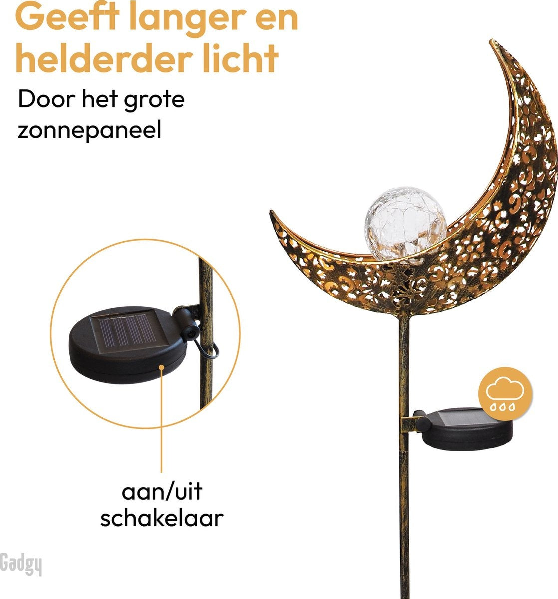 Gadgy Solar Tuinverlichting - Maan Lamp met grondspies - Tuinverlichting op zonneenergie Buiten - Set van 2 st. - Led Buitenverlichting met Sensor - Tuinlantaarn - Tuinfakkel 88 cm hoog - Tuinsteker - Brons - Metaal