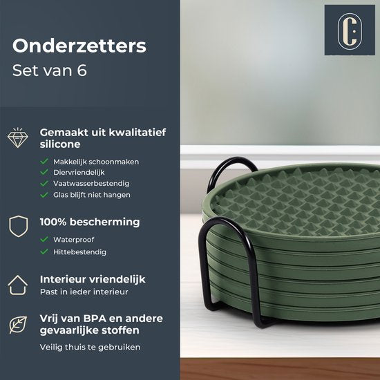 Sous-verres en silicone Castagnola – Sous-verres pour verres – Sous-verres design avec support – Lot de sous-verres – Antidérapants – Lot de 6 – Vert