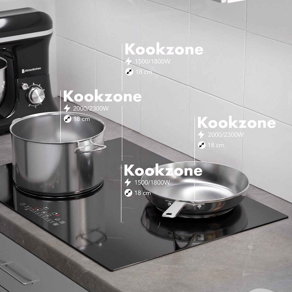 KitchenBrothers Table de cuisson à induction - Table de cuisson à induction encastrable - 70 cm - 4 zones - 1 et 2 phases - Jusqu'à 2300W - Noir