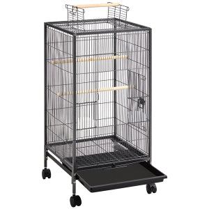 Yaheetech Cage à oiseaux avec base mobile - équipée d'un tiroir coulissant, de 4 mangeoires en plastique et de 3 perchoirs en bois - pour petits oiseaux et perruches - métal noir martelé et bois massif - 45,5 x 45,5 x 100,5 cm