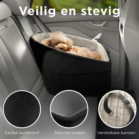 Siège auto pour chien CozySense® - Panier auto pour petit chien - Siège avant et arrière - Avec sangle de sécurité, compartiment de rangement et housse lavable - Noir/Beige